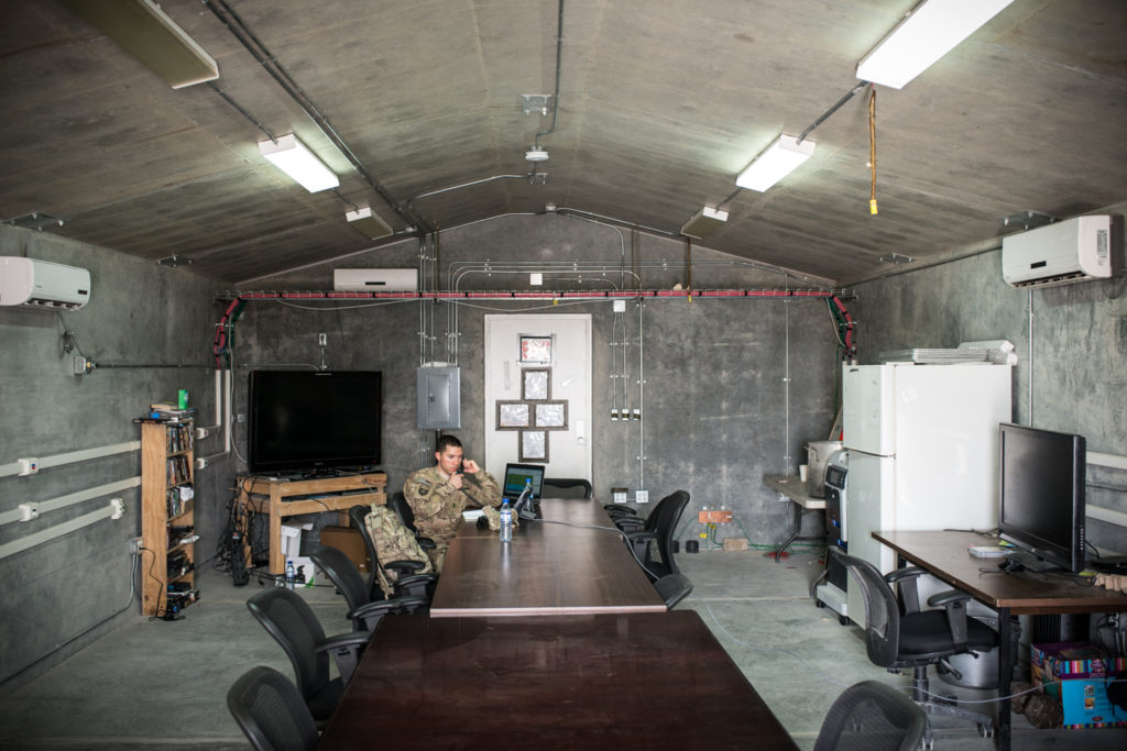 A bunker-like meeting room at Bagram. All the army’s plywood buildings are being torn down - only buildings that can withstand rocket attacks will remain on US bases after 2014. (Photo by Ben Brody)