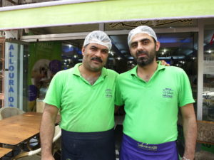 Ahmed (left) and Rashed (right) have worked together for 14 years. Like they did in Aleppo, the men run the show at Salloura in Istanbul. (Photo by Dalia Mortada/GroundTruth) 