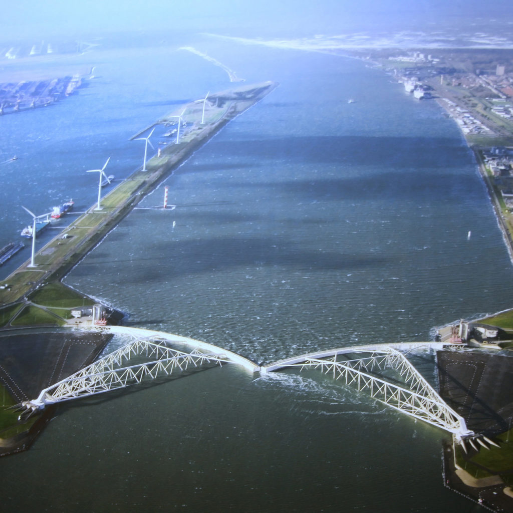 The biggest mobile barrier in the world, the Maeslant storm surge barrier was built to protect the Dutch city of Rotterdam from a one-in-10,000-year storm. It's part of the massive investment the Dutch are making to protect themselves in a new era of rising sea levels. (Photo by Bert Knottenbeld/Flickr Creative Commons)