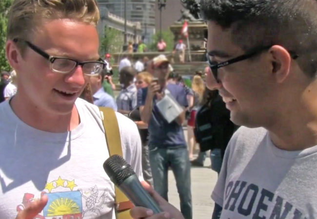 GroundTruth Fellow Mohammed Abdelfattah interviews an attendee of the Republican National Convention in Cleveland, Ohio. (Photo by Jenny Montasir/GroundTruth)