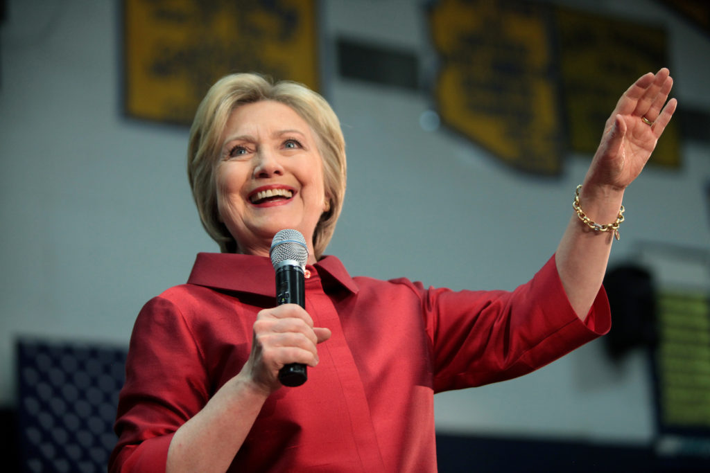 Hillary Clinton speaks at the "Get Out the Caucus" rally, located at Valley Southwoods Freshman High School in West Des Moines, Iowa, in 2016. (Photo by Gage Skidmore/Flickr User)