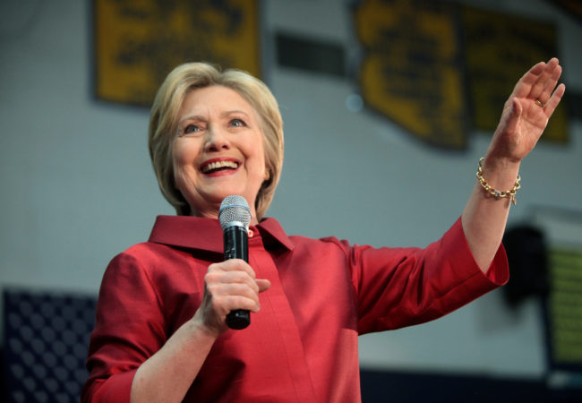 Hillary Clinton speaks at the "Get Out the Caucus" rally, located at Valley Southwoods Freshman High School in West Des Moines, Iowa, in 2016. (Photo by Gage Skidmore/Flickr User)