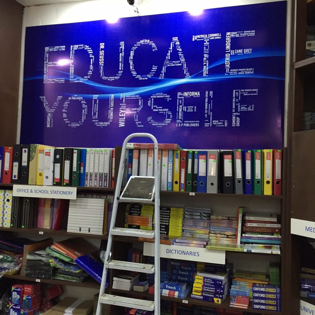 Just down the hall from Savani's, the old book store where Mwangi hid during the 2013 terrorist attacks on Westgate mall, a new store called Educate Yourself is built. (Photo by Kevin Grant/GroundTruth)