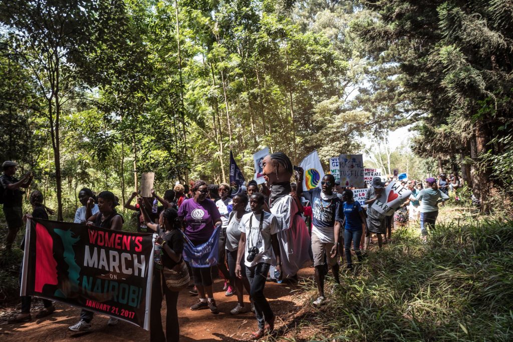 As many as 500 people turned out for a “sister march” in the Kenyan capital, the crowd a diverse mix of Americans, Kenyans, and sympathetic expats of other nationalities united in concern about changes promised by President Donald Trump -- and what those changes could mean for gender inequality, human rights, and progressive policies globally. (Photo by Nichole Sobecki/GroundTruth)