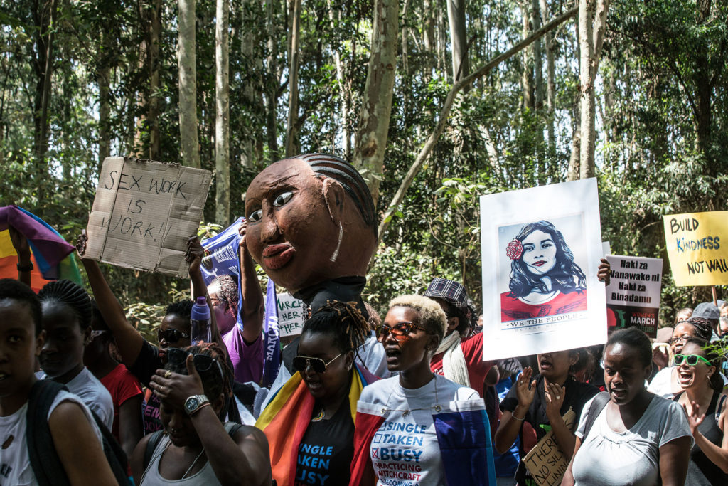 As many as 500 people turned out for a “sister march” in the Kenyan capital, the crowd a diverse mix of Americans, Kenyans, and sympathetic expats of other nationalities united in concern about changes promised by President Donald Trump -- and what those changes could mean for gender inequality, human rights, and progressive policies globally. (Photo by Nichole Sobecki/GroundTruth)