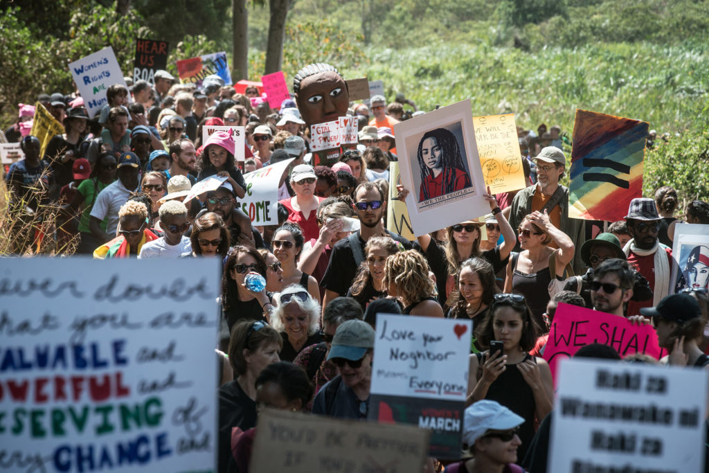 As many as 500 people turned out for a “sister march” in the Kenyan capital. The crowd was a diverse mix of Americans, Kenyans and sympathetic expats of other nationalities united in concern about changes promised by President Donald Trump – and what those changes could mean for gender inequality, human rights and progressive policies globally. (Photo by Nichole Sobecki/GroundTruth)