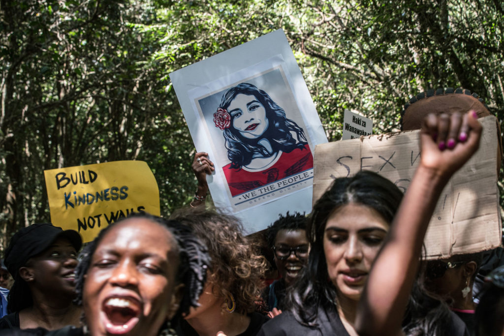 As many as 500 people turned out for a “sister march” in the Kenyan capital, the crowd a diverse mix of Americans, Kenyans, and sympathetic expats of other nationalities united in concern about changes promised by President Donald Trump -- and what those changes could mean for gender inequality, human rights, and progressive policies globally. (Photo by Nichole Sobecki/GroundTruth)
