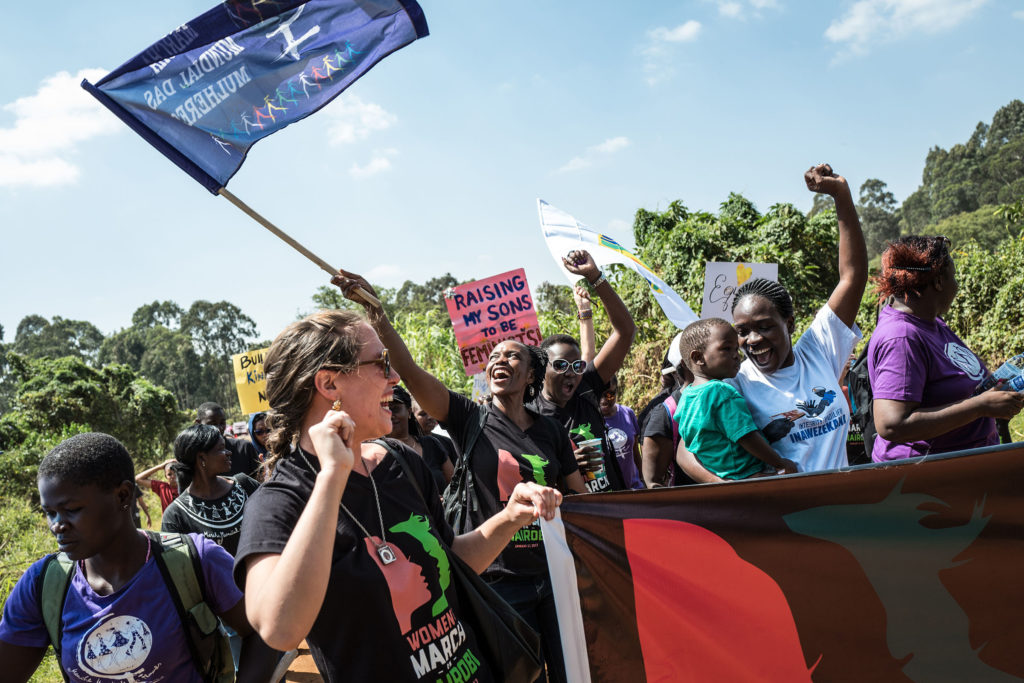 As many as 500 people turned out for a “sister march” in the Kenyan capital, the crowd a diverse mix of Americans, Kenyans, and sympathetic expats of other nationalities united in concern about changes promised by President Donald Trump -- and what those changes could mean for gender inequality, human rights, and progressive policies globally. (Photo by Nichole Sobecki/GroundTruth)