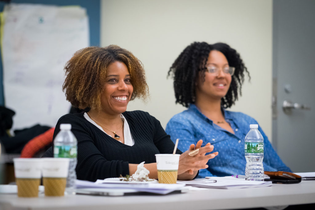 GroundTruth fellows Stephanie Daniel (left) and Nicole Lewis take part in the first day of the health podcast fellowship. (Edwin J. Torres/GroundTruth)