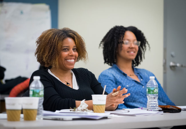 GroundTruth fellows Stephanie Daniel (left) and Nicole Lewis take part in the first day of the health podcast fellowship. (Edwin J. Torres/GroundTruth)