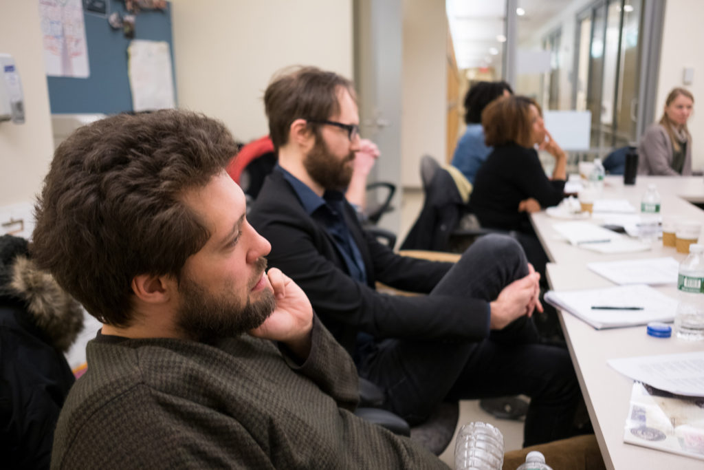 From left, GroundTruth fellows Joaquin Cotler and Michael O’Brien are pictured during a training workshop for the health podcast fellowship. (Edwin J. Torres/GroundTruth)