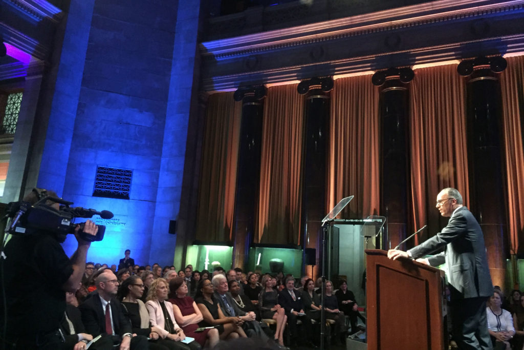 NBC Nightly News anchor Lester Holt addresses the 75th duPont-Columbia Awards. (Photo by Kevin Grant/GroundTruth)
