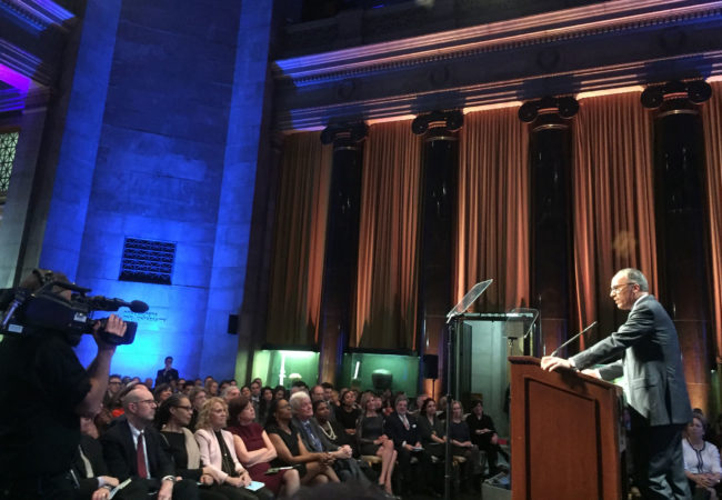 NBC Nightly News anchor Lester Holt addresses the 75th duPont-Columbia Awards. (Photo by Kevin Grant/GroundTruth)
