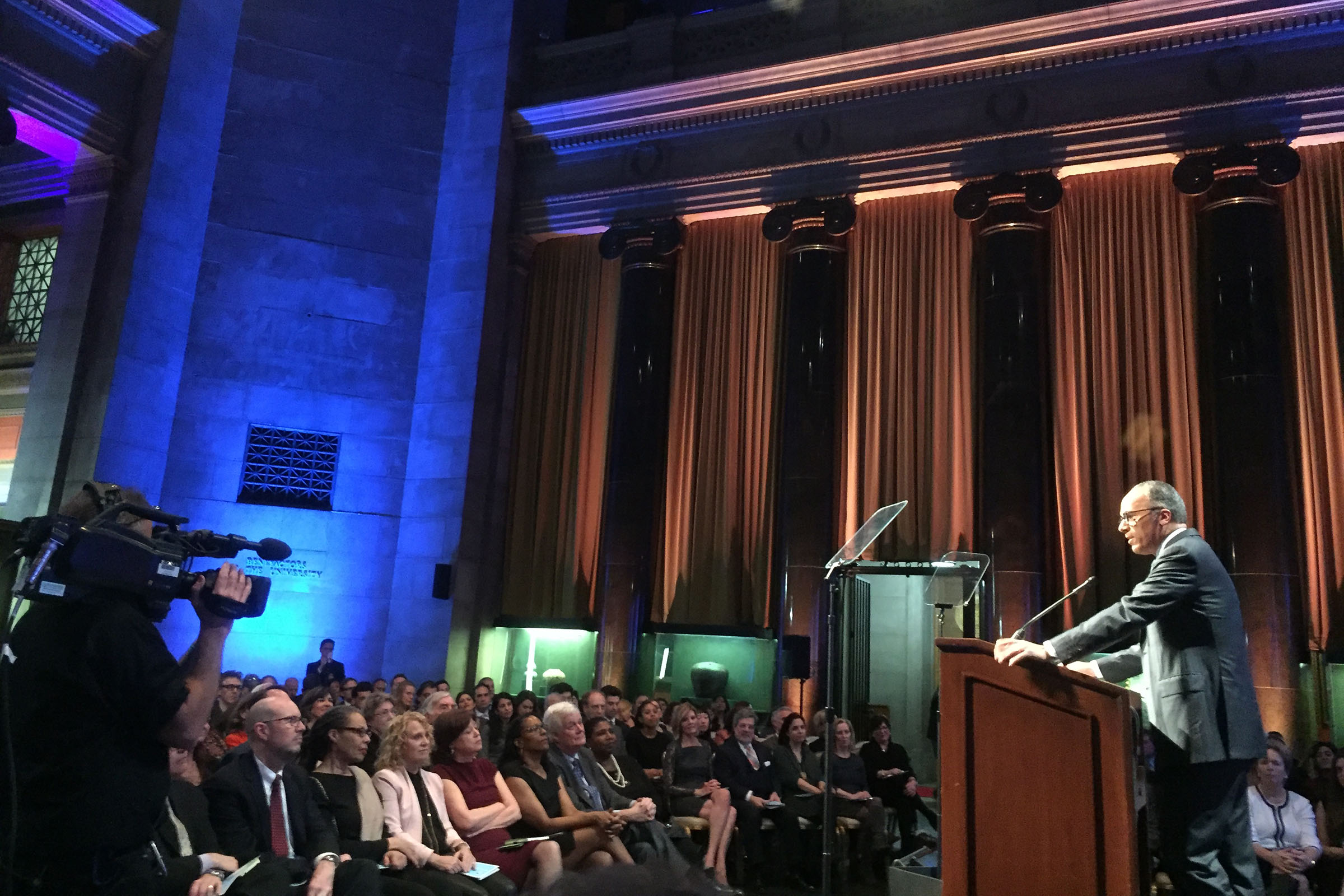 NBC Nightly News anchor Lester Holt addresses the 75th duPont-Columbia Awards. (Photo by Kevin Grant/GroundTruth)