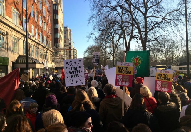 An estimated 100,000 protestors attended the Women's March on London, a sister march of the Women's March on Washington, on Jan. 21, 2017. (Photo by Devi Lockwood/GroundTruth)