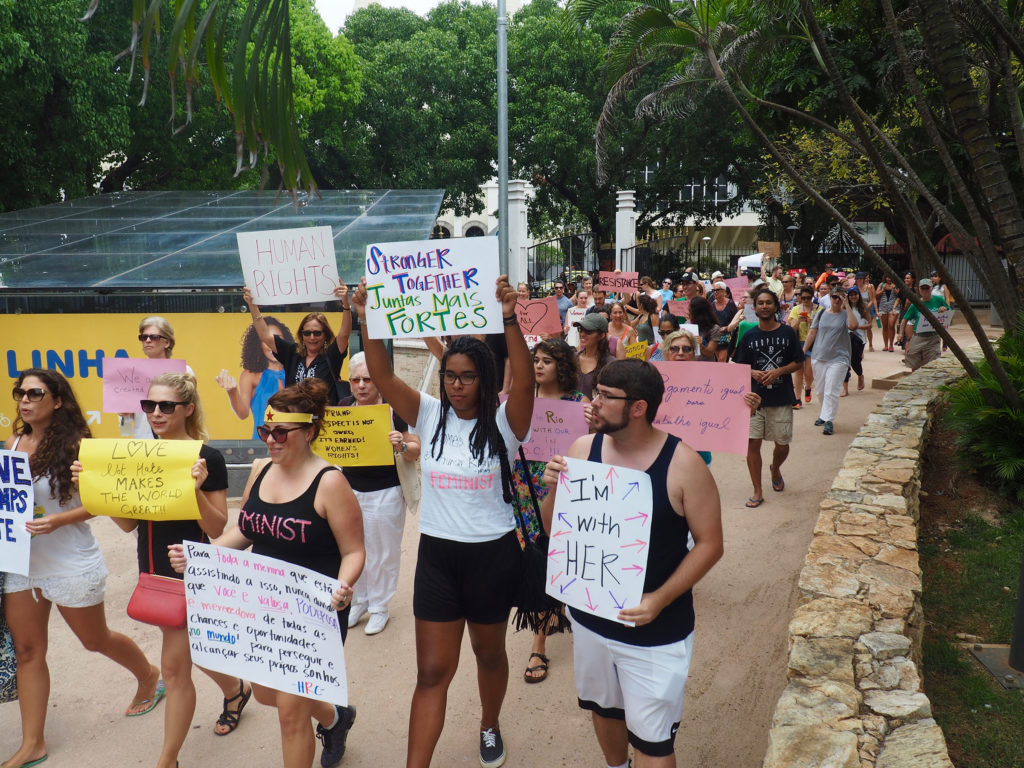 Demonstrators take part in Rio's Women's March on January 21, 2017. (Photo by Catherine Osborn/GroundTruth)