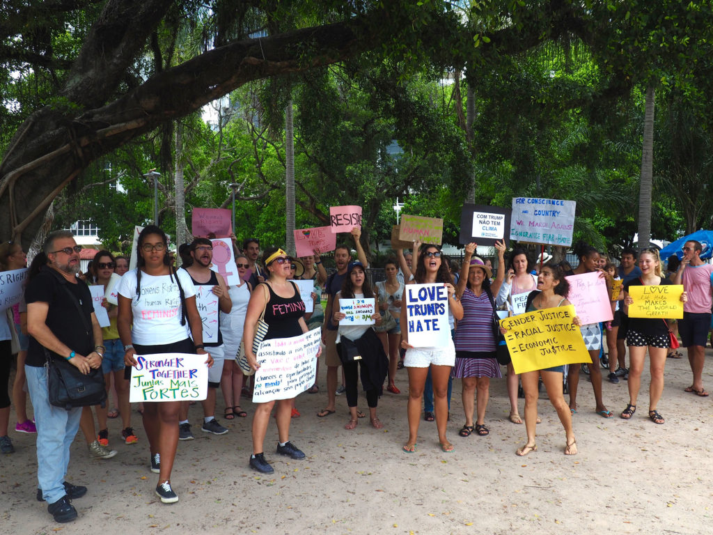 Demonstrators take part in Rio's Women's March on January 21, 2017. (Photo by Catherine Osborn/GroundTruth)