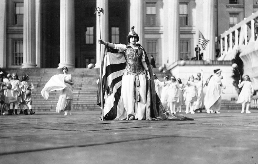 Hedwig Reicher, a German actor, wears a "Columbia" costume during the 1913 Suffragist Parade. (Photo via Library of Congress)