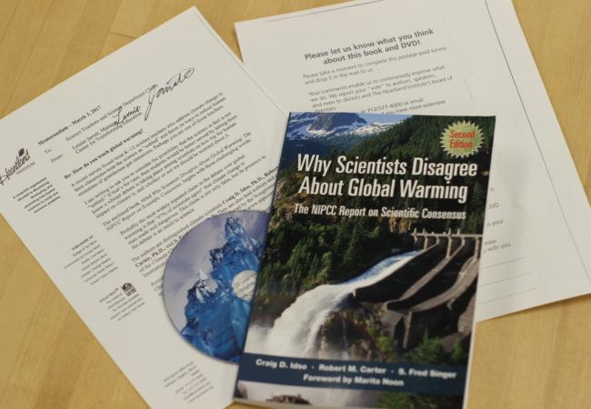 The Heartland Institute says it will send the book "Why Scientists Disagree About Global Warming" to every public school science teacher in the nation. (Photo by Brenna Verre/FRONTLINE)