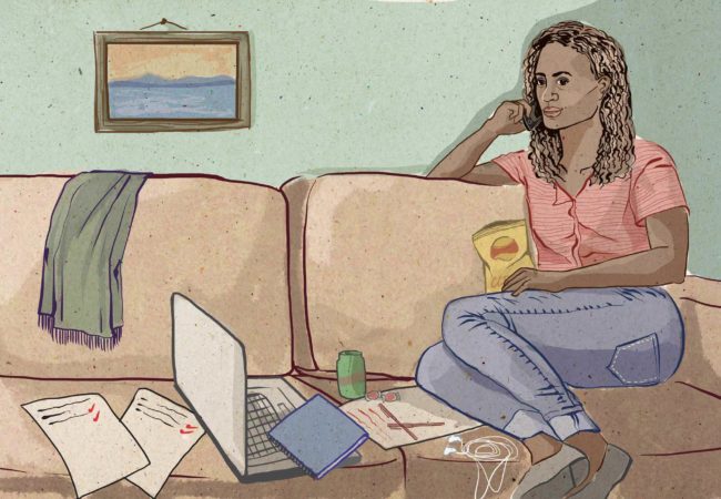 Pro tip: You shouldn't claim a "home office" on your taxes if it's your couch, or a part of the house used for other purposes – like studying or watching Netflix. (Illustration by Natalie Kenney/GroundTruth)