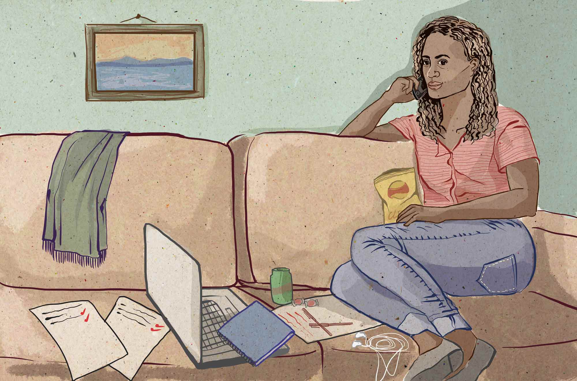 Pro tip: You shouldn't claim a "home office" on your taxes if it's your couch, or a part of the house used for other purposes – like studying or watching Netflix. (Illustration by Natalie Kenney/GroundTruth) 