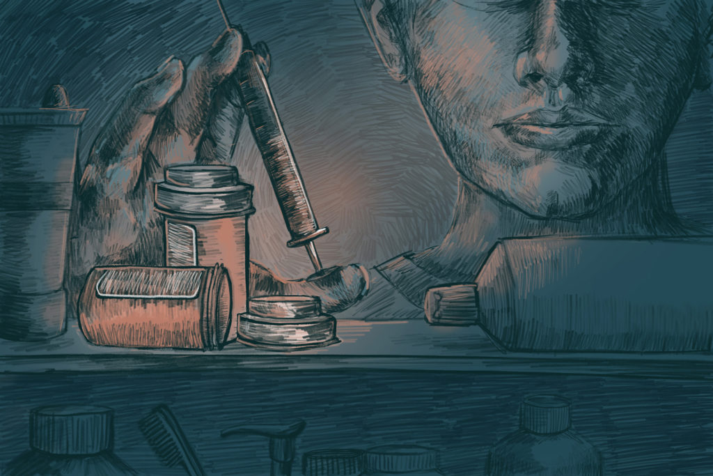 Image of pill bottles and heroin needle. (Illustration by Natalie Kenney/GroundTruth)