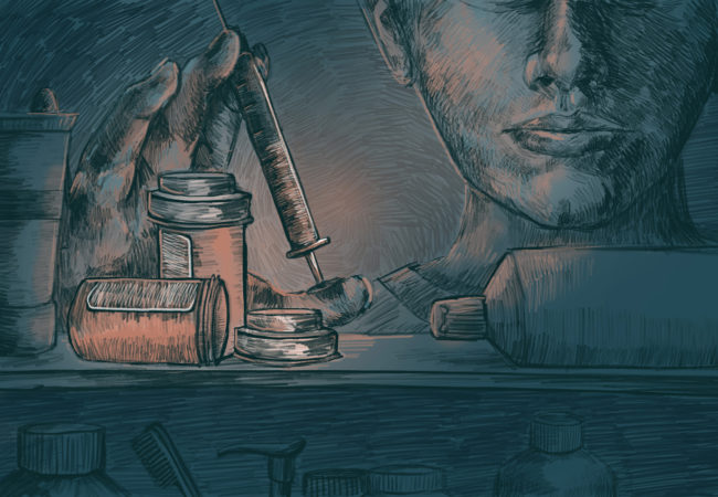 Image of pill bottles and heroin needle. (Illustration by Natalie Kenney/GroundTruth)