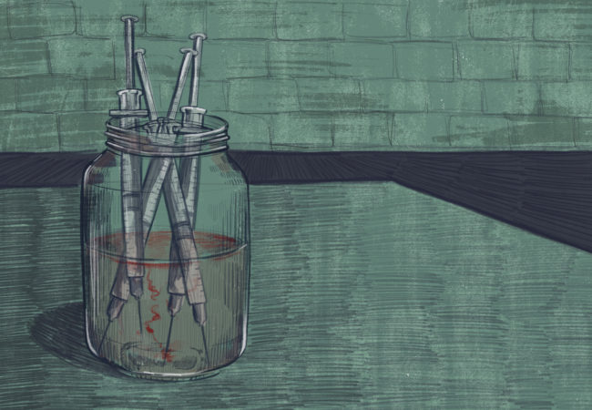 Jar with heroin needles (Illustration by Natalie Kenney/GroundTruth)