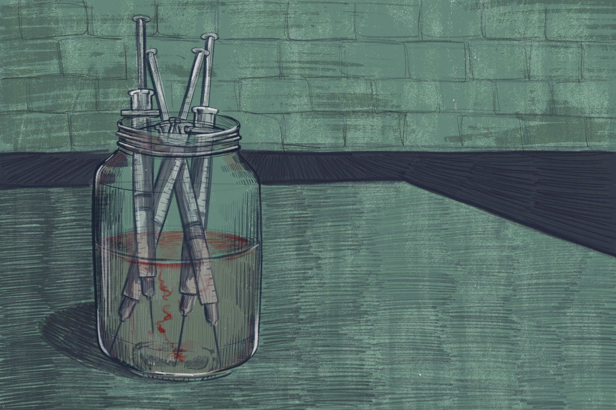 Jar with heroin needles (Illustration by Natalie Kenney/GroundTruth)