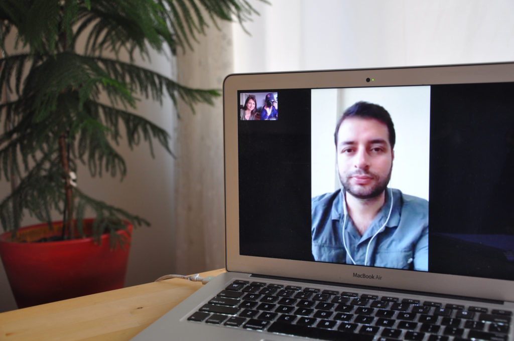 GroundTruth journalists Lauren Bohn and Tugba Tekerek FaceTime with journalist Fatih Yagmur, now in relative hiding in an undisclosed African country. (Photo by Lauren Bohn/GroundTruth)