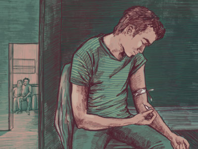 A young man shoots heroin in his bedroom while his parents are in the other room. (Illustration by Natalie Kenney/GroundTruth)
