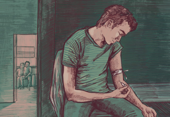 A young man shoots heroin in his bedroom while his parents are in the other room. (Illustration by Natalie Kenney/GroundTruth)