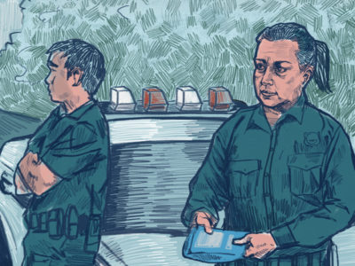 A police officer holds an overdose rescue kit. (Illustration by Natalie Kenney/GroundTruth)