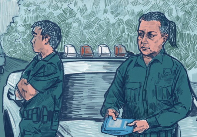 A police officer holds an overdose rescue kit. (Illustration by Natalie Kenney/GroundTruth)