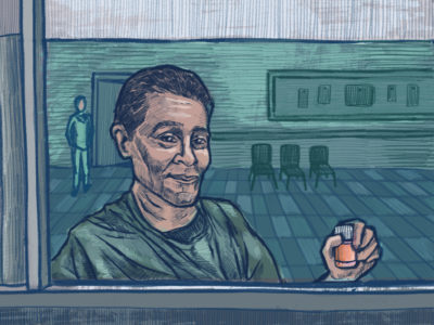 A man holds up his prescription for methadone. (Illustration by Natalie Kenney/GroundTruth)
