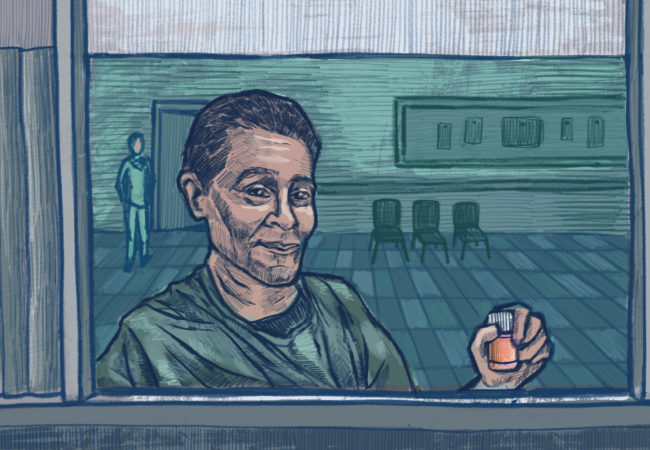 A man holds up his prescription for methadone. (Illustration by Natalie Kenney/GroundTruth)