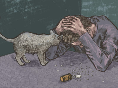 A man holds his head in his hands, over a bottle of pills. (Illustration by Natalie Kenney/GroundTruth)