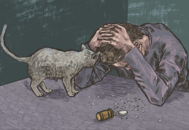 A man holds his head in his hands, over a bottle of pills. (Illustration by Natalie Kenney/GroundTruth)
