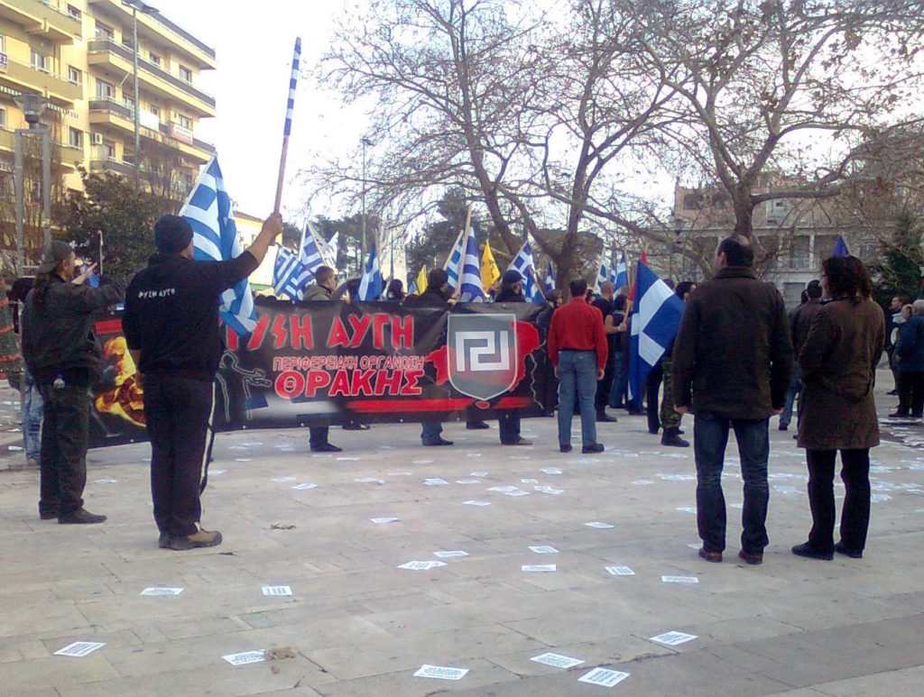 Neonazi group, Golden Dawn, protesting in Greece. Photo by Ggia/Wikimedia Commons