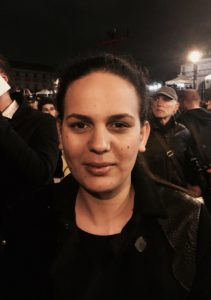 Meriam Khalifa is pictured on election night in Paris. (Photo by Emily Schultheis/GroundTruth)