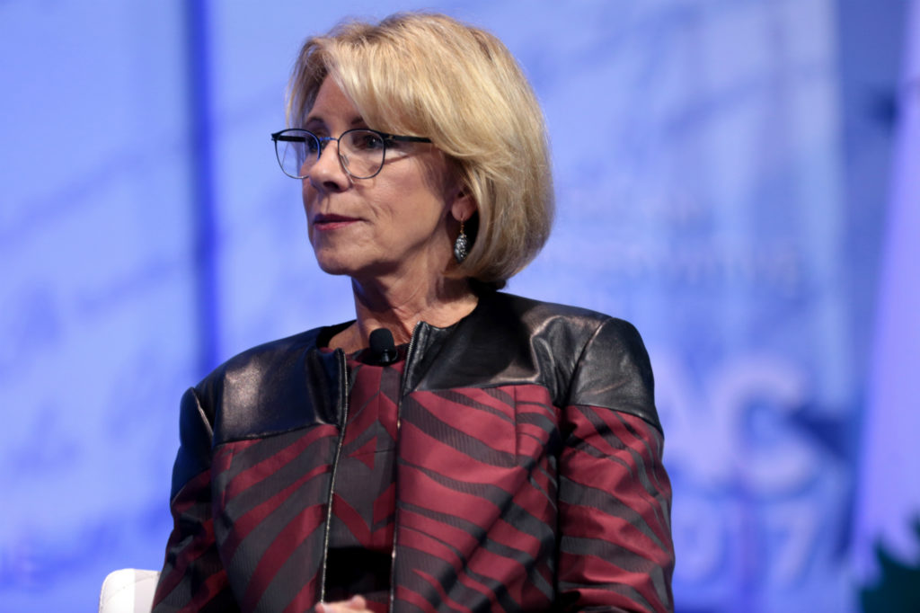 U.S. Secretary of Education Betsy DeVos speaking at the 2017 Conservative Political Action Conference (CPAC) in National Harbor, Maryland. (Photo by Gage Skidmore/Wikimedia Commons)