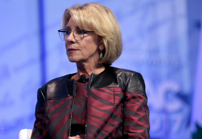 U.S. Secretary of Education Betsy DeVos speaking at the 2017 Conservative Political Action Conference (CPAC) in National Harbor, Maryland. (Photo by Gage Skidmore/Wikimedia Commons)