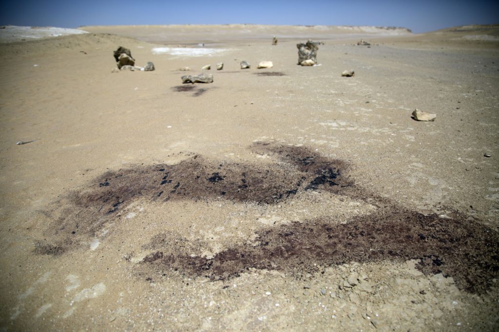 The outlines where victims fell in the ISIS attack on the road to Saint Samuel Monastery in Minya, Egypt on May 26, 2017.