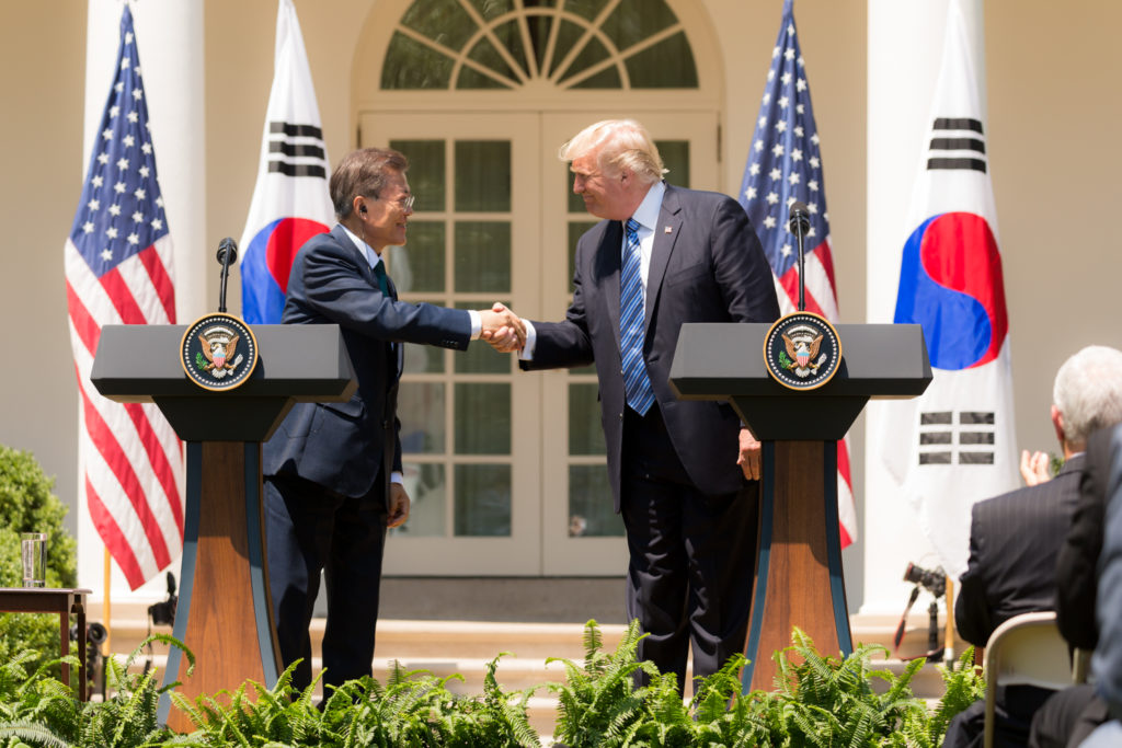 President Donald J. Trump and President Moon Jae-in of South Korea participate in joint statements on Friday, June 30, 2017, in the Rose Garden of the White House in Washington, D.C. The two leaders have differing approaches to North Korea, with Moon favoring engagement. (Official White House Photo by Shealah Craighead)