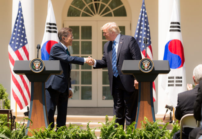 President Donald J. Trump and President Moon Jae-in of South Korea participate in joint statements on Friday, June 30, 2017, in the Rose Garden of the White House in Washington, D.C. The two leaders have differing approaches to North Korea, with Moon favoring engagement. (Official White House Photo by Shealah Craighead)