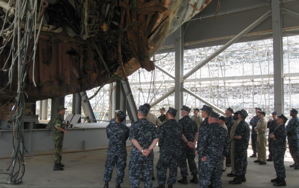 Sailors from USS George Washington (CVN 73) and Carrier Task Force (CTF) 70 along with South Korean service members attend a debriefing on the wreckage of South Korea’s Cheonan ship, which was allegedly destroyed by a North Korean torpedo in 2010, killing 46 people. (Official U.S. Navy photo)