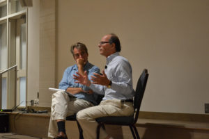 Charles Sennott (left) interviews Thomas Herman, the director of the documentary DATELINE—SAIGON on Aug. 3, 2017, at the Woods Hole Film Festival. (Lucy Lyons/GroundTruth)