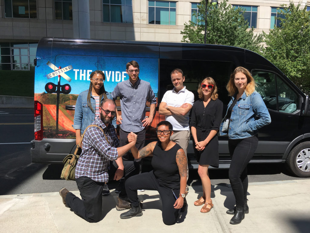 Back row: Mahlia Posey, Eric Bosco, Gabriel Sanchez, Rachel Cramer and Brittany Greeson are the reporting fellows for Crossing the Divide. In front: Ben Brody and Qainat Khan are the field producers for the project. (Photo by Rachel Rohr/GroundTruth)