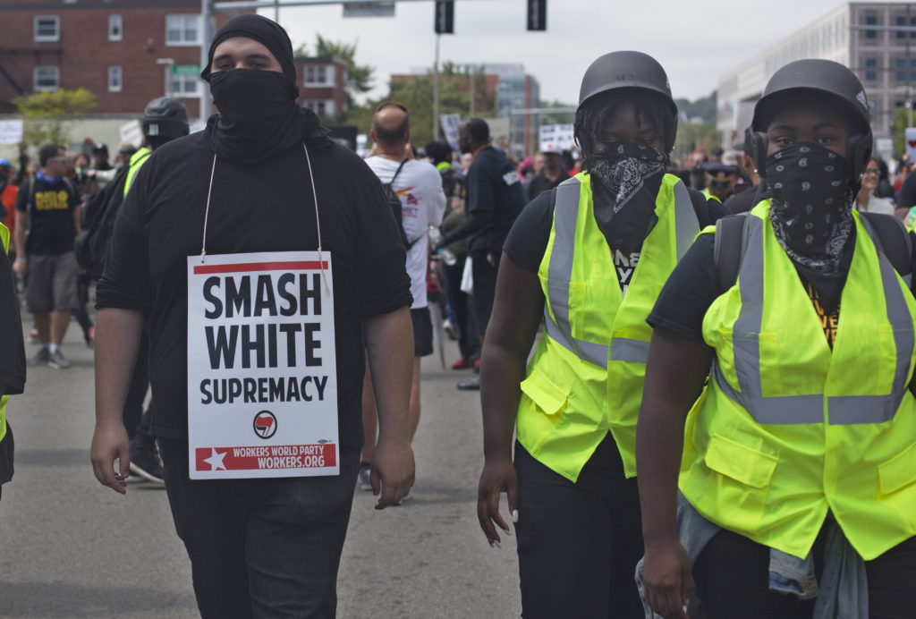 Counter protesters marching against the Free Speech rally that was held at the Boston Common on Saturday. The early guest list, which included well known alt-right speakers, mobilized counter protesters who saw it as a white nationalist rally. Rally organizers insist the event was to observe first amendment rights of people holding all view points. (Shay Horse/GroundTruth)