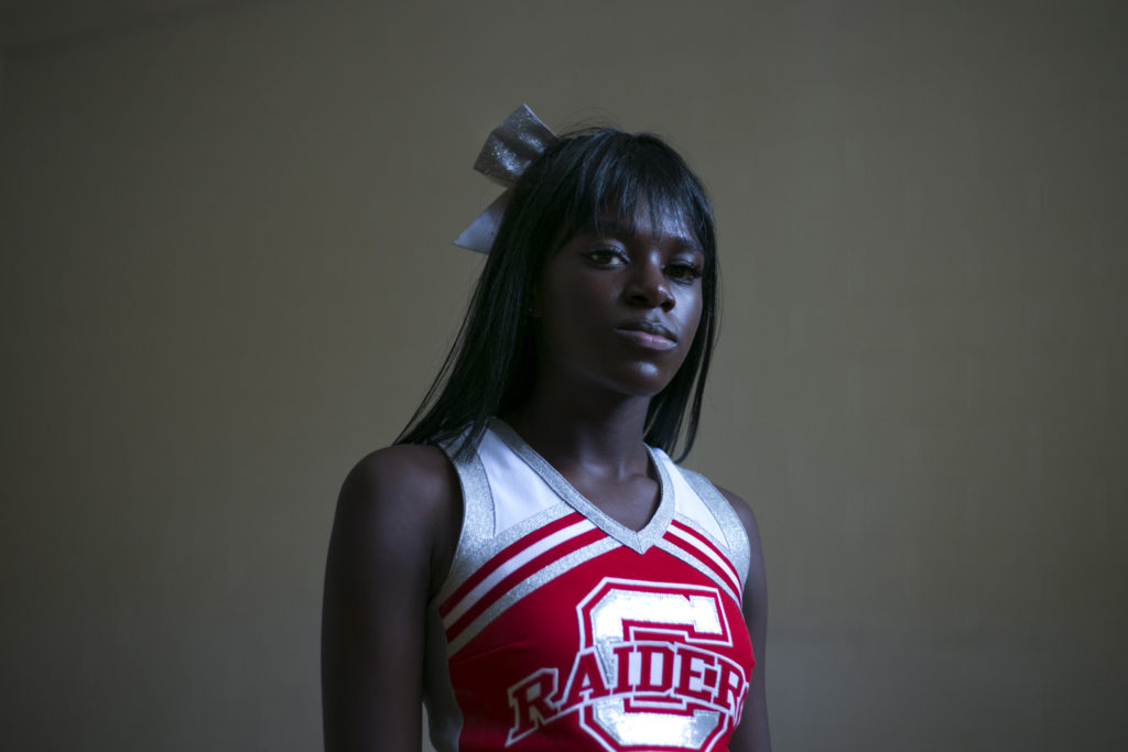 London Gladden, 17, during cheerleading practice at the High School of Commerce in Springfield, Mass., on Friday, September, 8, 2017. (Photo by Brittany Greeson)